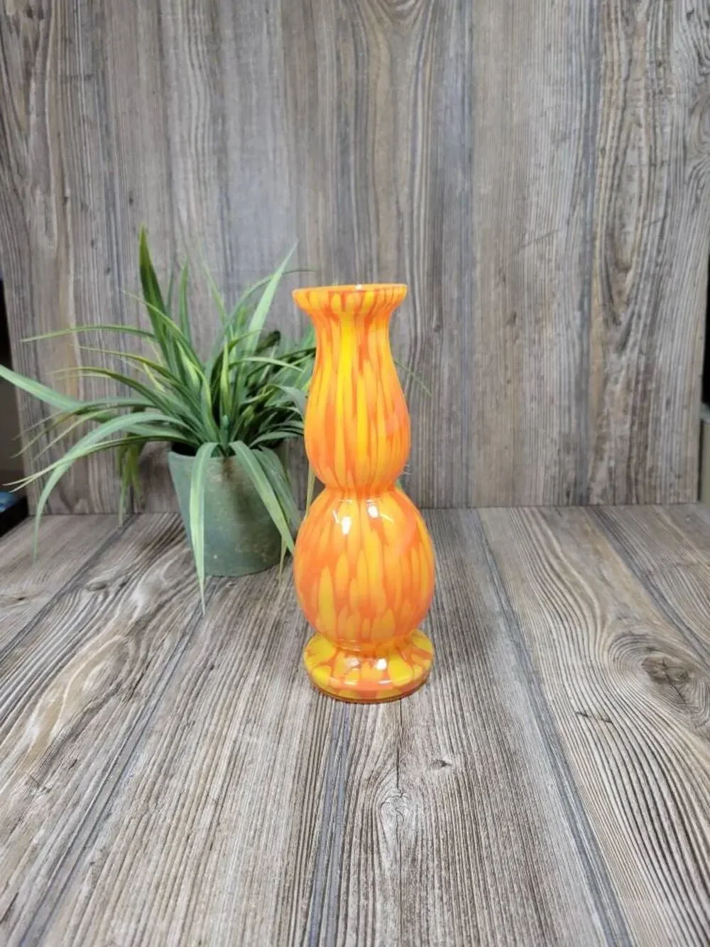 Vintage Czech Spatter Glass Bud Vase Orange Yellow Art Deco End of Day 8.25